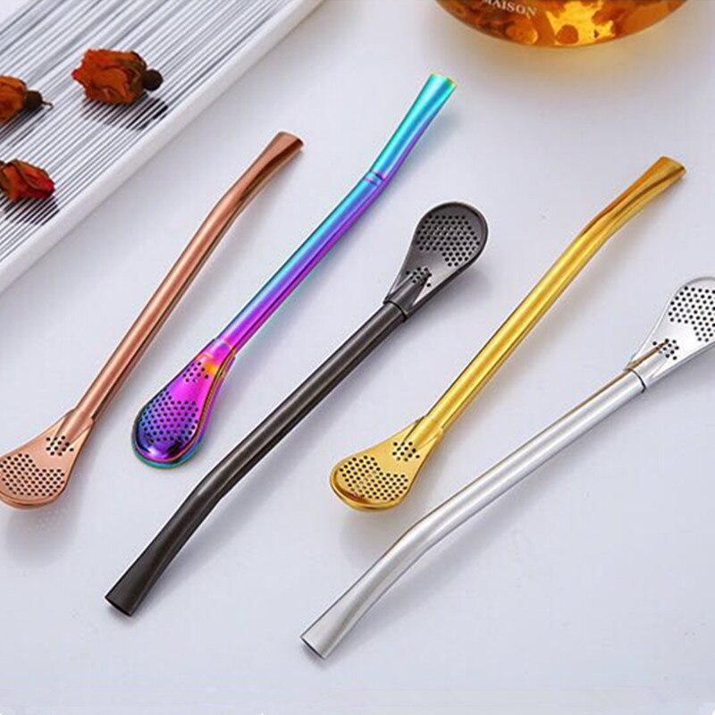 Cuchara de café multifuncional, Pajita para beber, cuchara de paja de acero inoxidable 304, filtro de té, licuadora, taza de leche, taza Zumo de paja, 15,7 CM