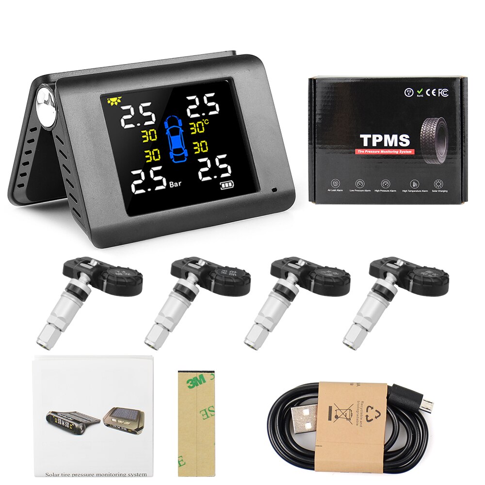 TPMS Solar Power Tyre Pressure Monitoring System with 4 Sensors LCD Real-time Display Car Tire Pressure Auto Alarm System