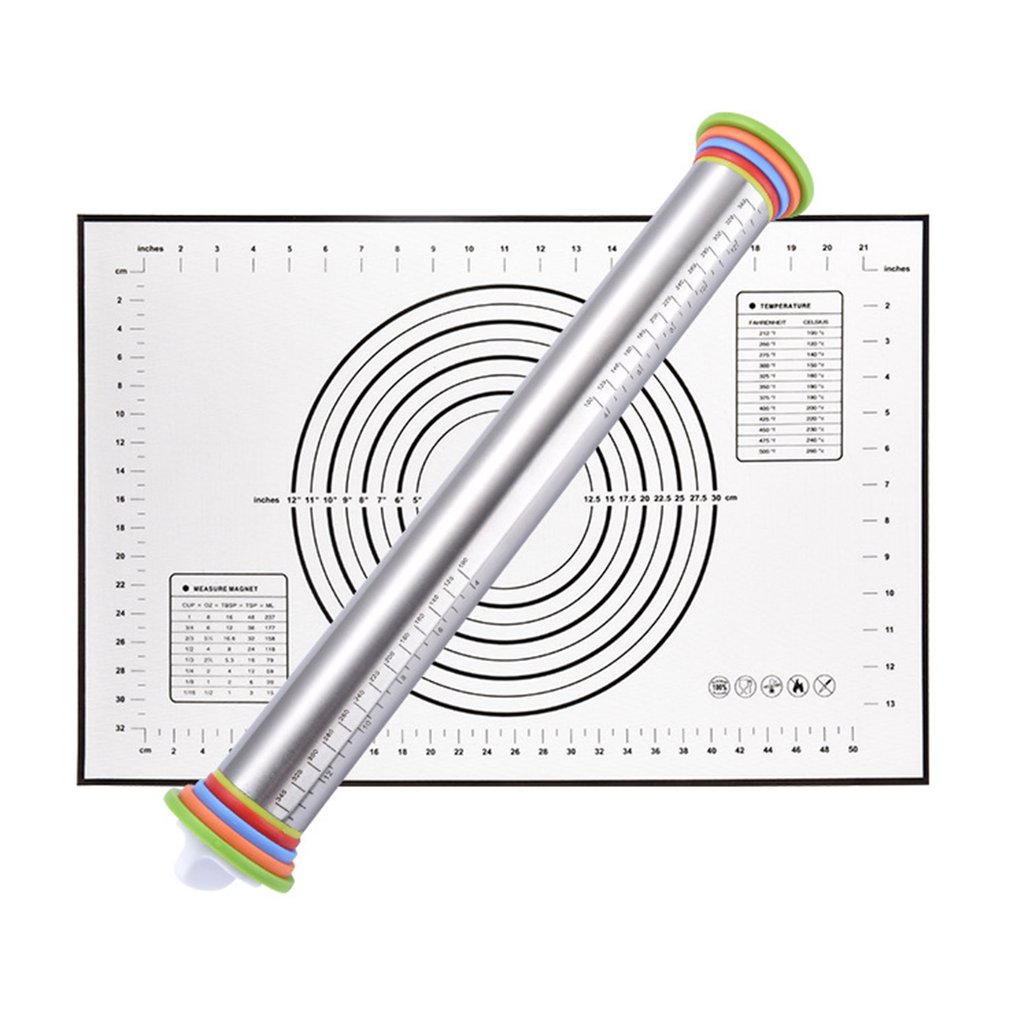 17inch Stainless Steel Adjustable Rolling Pin With Dough Mat Dough Roller with 4 Removable Adjustable Thickness Rings