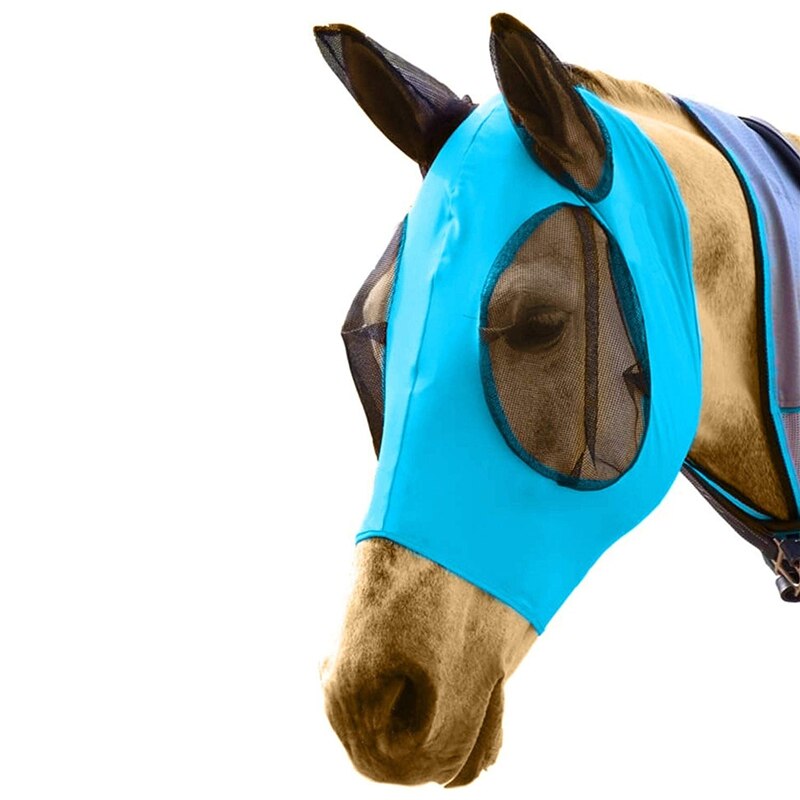 Mascarilla transpirable antimosquitos para caballos, cubierta protectora elástica para la cara, con orejas, Protectores faciales, cuidado de caballos, AA: Blue