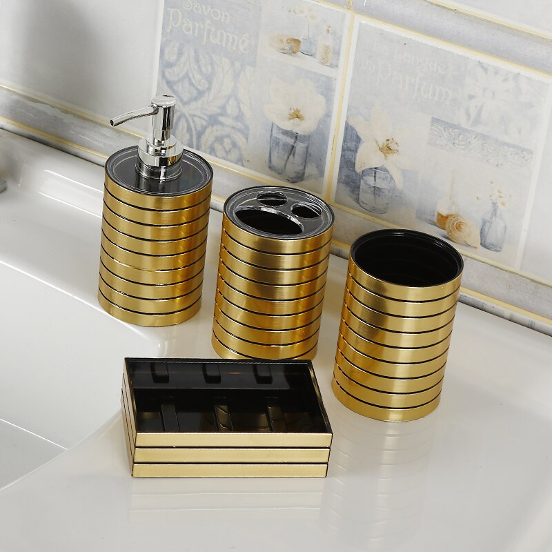 Sæt  of 4 plastik tilbehør til badeværelset sæt tandbørsteholder tandpasta dispenser sag sæbeboks toilet bruser opbevaring: Guld