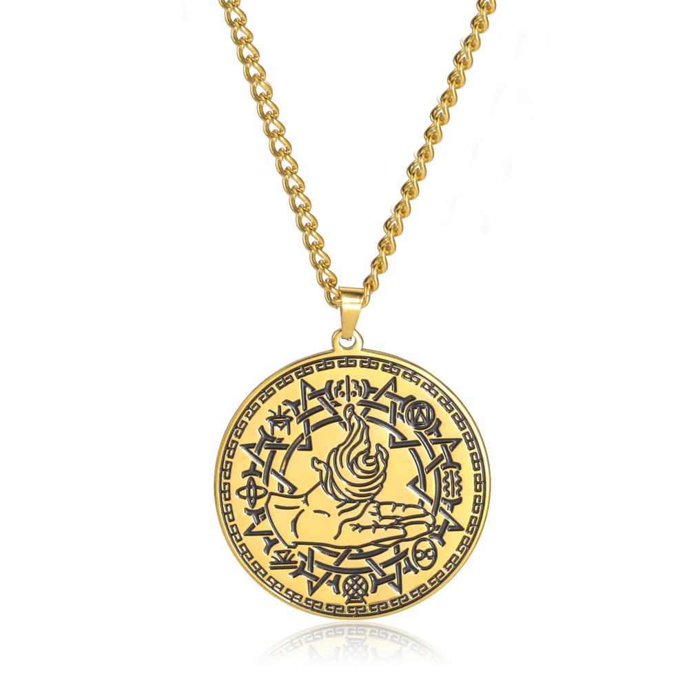 EUEAVAN Magia alchimia fuoco simbolo collana con ciondolo collane con ottogramma geometrico sacro in acciaio inossidabile per gioielli con amuleto da uomo: Rosso-marrone