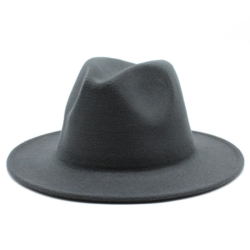 Alle-Match Brede Rand Fedora Hoed Voor Vrouwen Wollen Vilten Hoed Voor Mannen Herfst Winter Panama Gamble Top Jazz cap Ronde Caps Bowler Hoeden: dark gray / L59-61cm