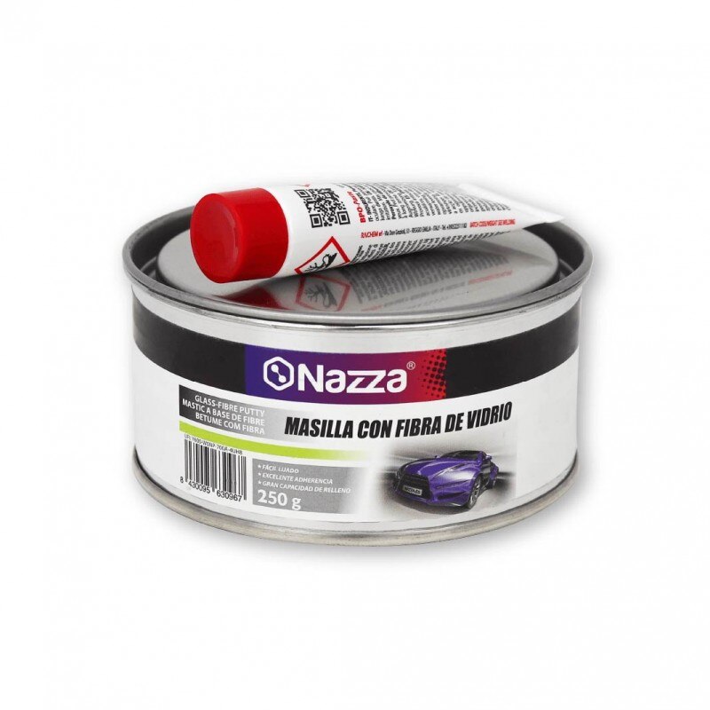 NAZZA Oficial Masilla de Poliéster para Carrocería, Con o Sin Fibra de Vidrio, Reparación de Daños, Desperfectos y Arañazos: 250 gr / Con Fibra