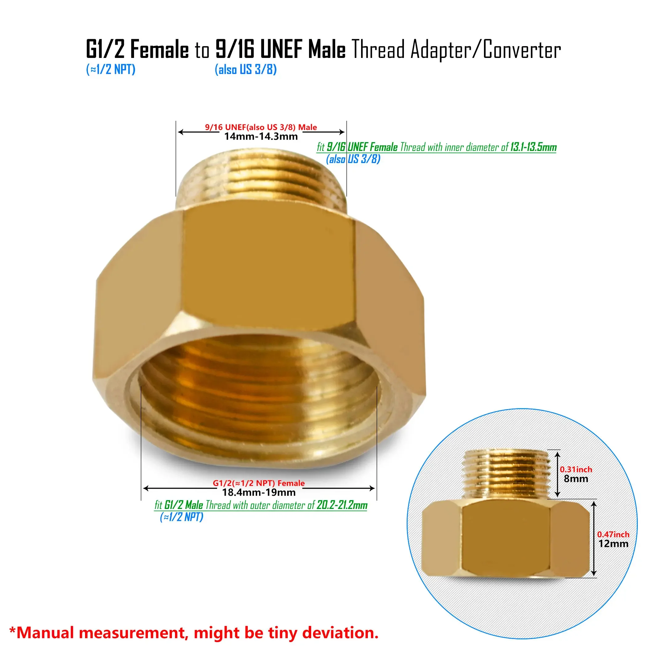 G1/2 to G3/8, 9/16-24 UNEF, 1/2 NPT Reducer Pipe Fittings Brass or Stainless Steel Threaded Water Hose Adapter Male Female: 90*50mm / Bronze Yellow