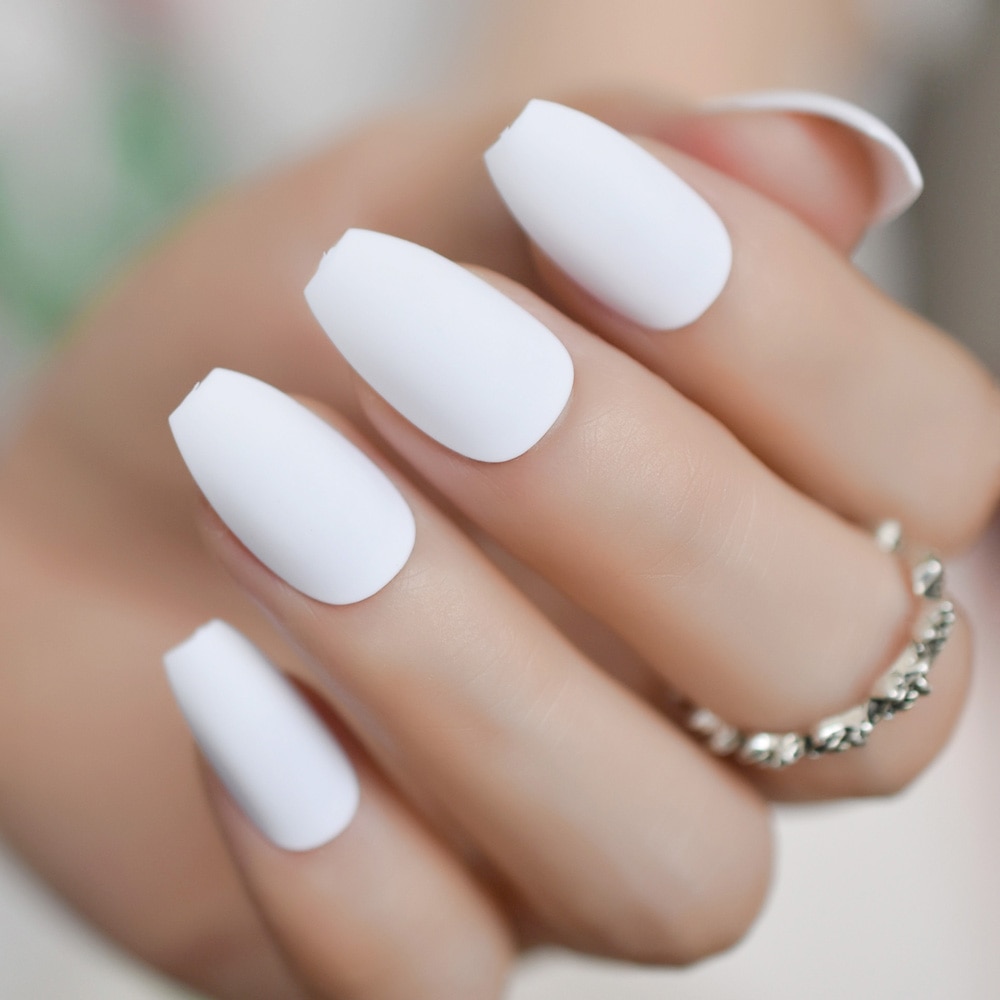 Bianco puro Glassata Opaca Bara ballerina Presse su facile Da Donne di Usura Falso Falso Unghie Finte per la Casa Ufficio con Adesivo nastro