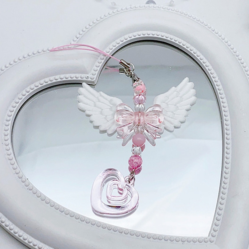 Bowknot Phone Chain Angel Wing Pendant Keychain Sweet Cool Key Phone Lanyard Acrylic Keyring Bag Ornament