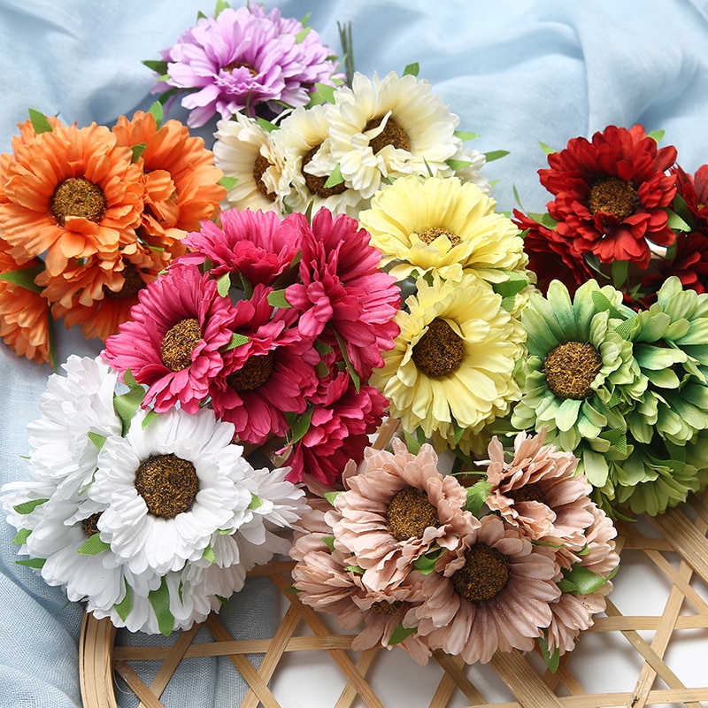 6 stk/parti 5cm kunstig blomst silke gerbera solsikkebukett til bryllup hjemme hage vase dekorasjon diy krans utklippsbok