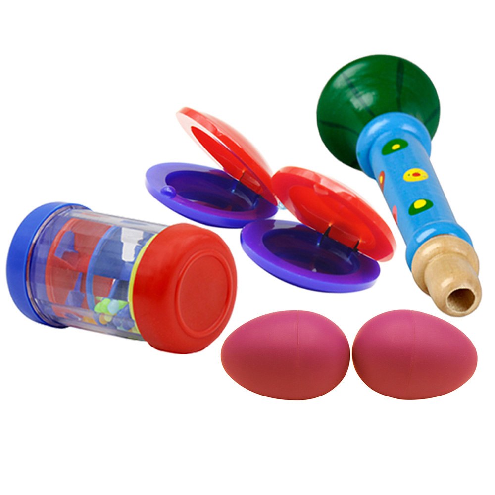 Musical Toys Percussion Instruments Band Rhythm Kit Including Wooden Horn + Rain Stick + Egg Shape Maracas + Castanets