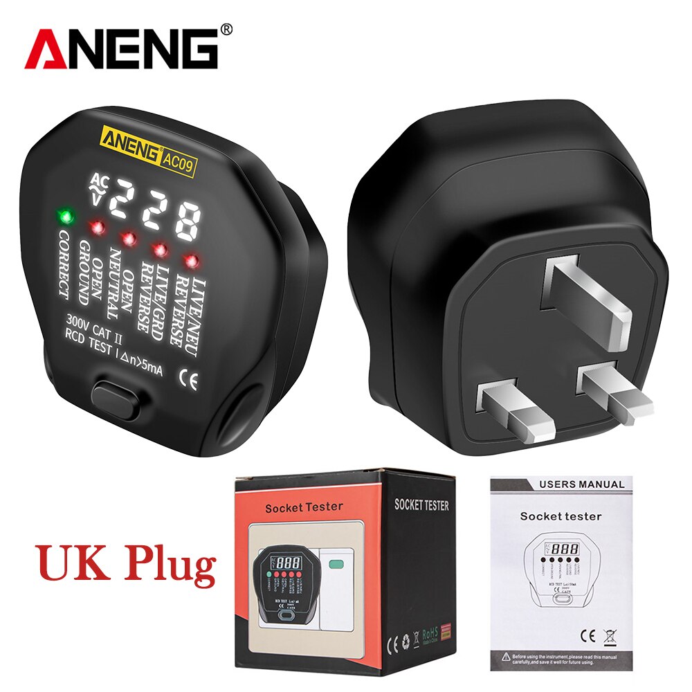 ANENG AC09 cyfrowy miernik robić gniazdka napięcie gniazdo testowe detektor nas/UK/ue/AU wtyczka na żywo ziemi neutralny mierników test RCD: UK wtyczka