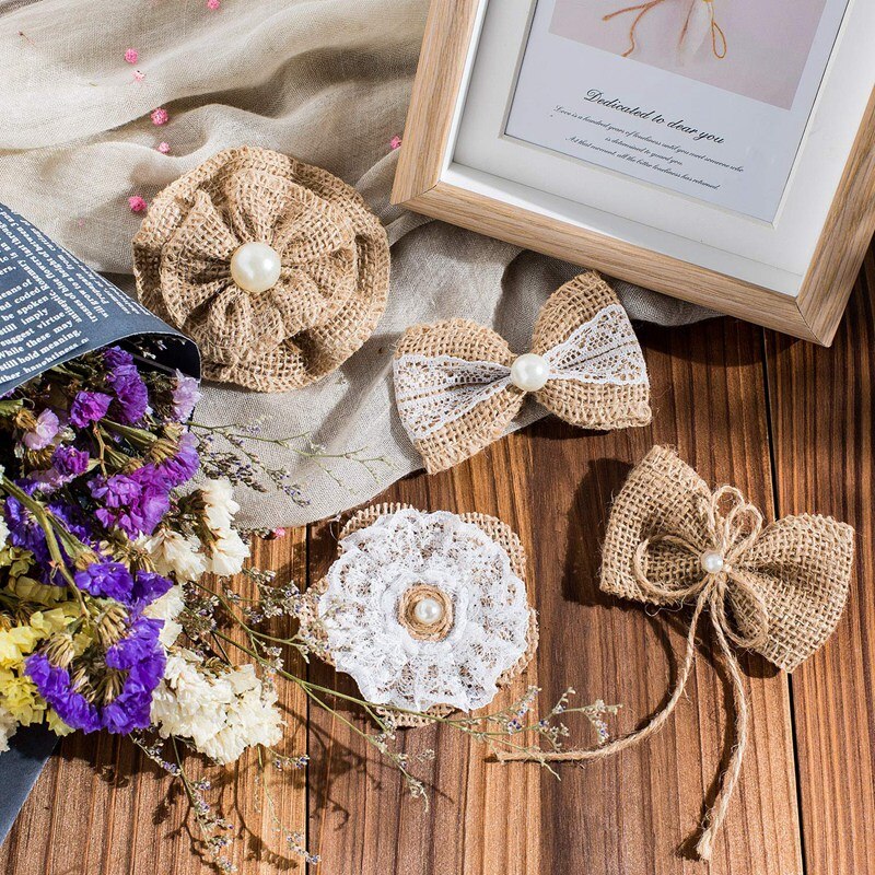 Juego de 32 Uds de flores de arpillera y lazos de arpillera, incluyendo flores de saco Rosa Vintage, cordel de yute, flores de arpillera, flor de arpillera perlada: Default Title