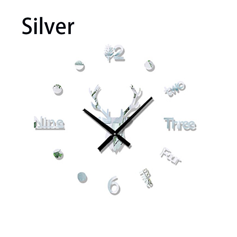 3D Wall Clock Mirror Wall Stickers Deer Head DIY Large Wall Clock Quartz Watch Art Decal Sticker Living Room Home Decor: Silver