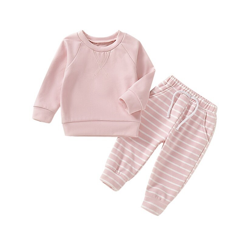 Baby baby piger drenge langærmet bluse stribet mønster bukser pyjamas nattøj sæt: Lyserød / 3m
