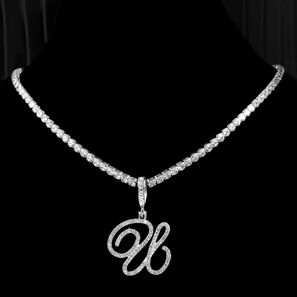 Cursive Letters Cubic Zirconia Chain Intial Name Necklace Hip Hop Jewelry Gold Silver Color CZ 26 Alphabet Pendant Necklaces