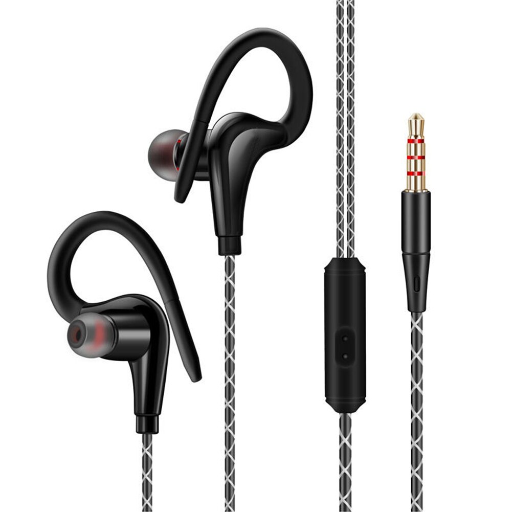 3.5mm sport oorhaak oordopjes hoofdtelefoon voor hardlopen hifi stereo bas headset met microfoon: Zwart