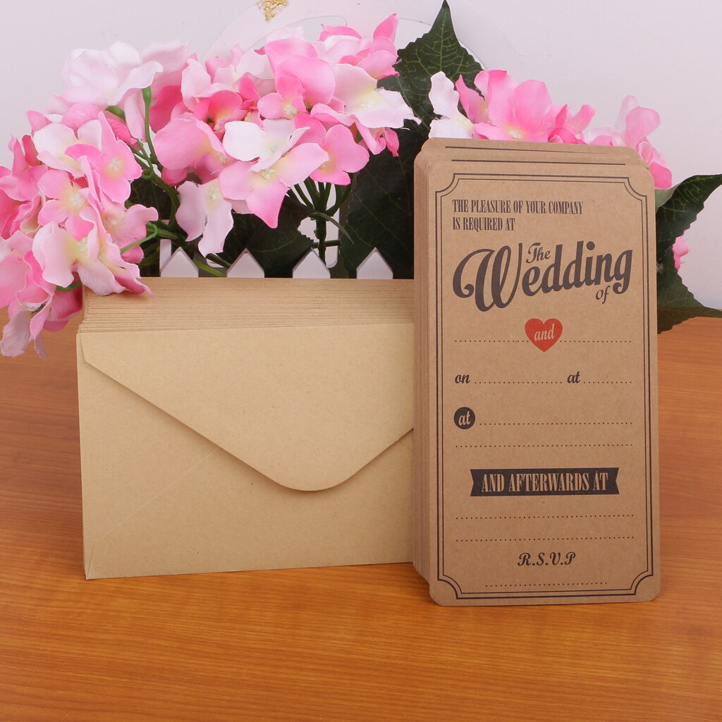 Pack 50pcs Kraft Brown Vintage Rustic Wedding Invitations Cards &amp; Envelopes