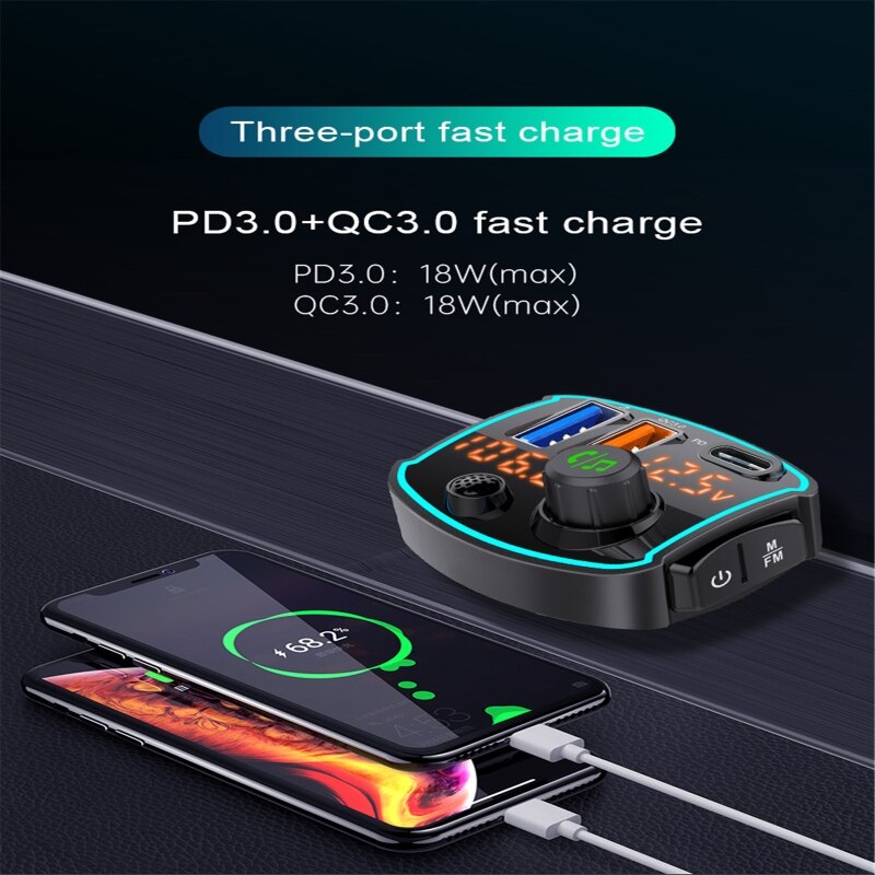 Car Bluetooth-compatible 5.0 FM transmitter Dual LCD display Car Mp3 Player Handsfree Car Kit QC3.0 PD18W Quick charge