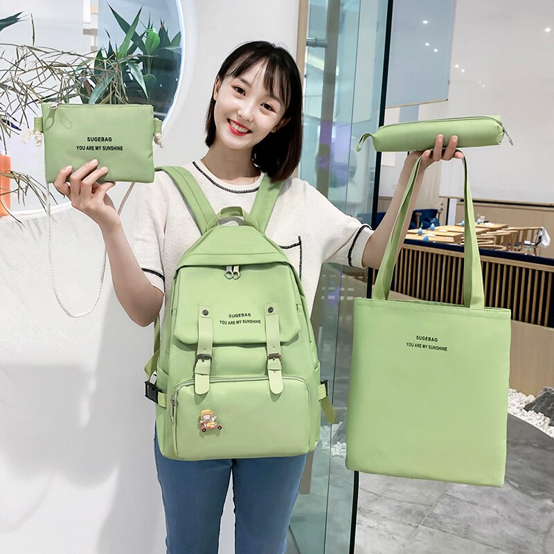 2020 nova 4 Pçs/set Lona Bolsa Escola Para Adolescentes Meninas do Estudante de Alta Qualidade Mulheres Viajar Sacos de Livro Mochilas Escolares do Sexo Feminino: Green