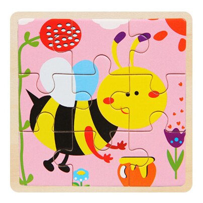 Mini Size 11*11cm Wooden 3D Cartoon Puzzle Jigsaw for Children Kids Cartoon Animal/traffic Puzzles Educational Toy Girl Boy: bee