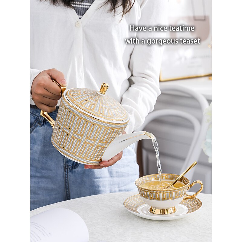 Juego de té de porcelana real de hueso de lujo, taza de té de cerámica, Juego de tetera dorada, taza de café, taza de café de