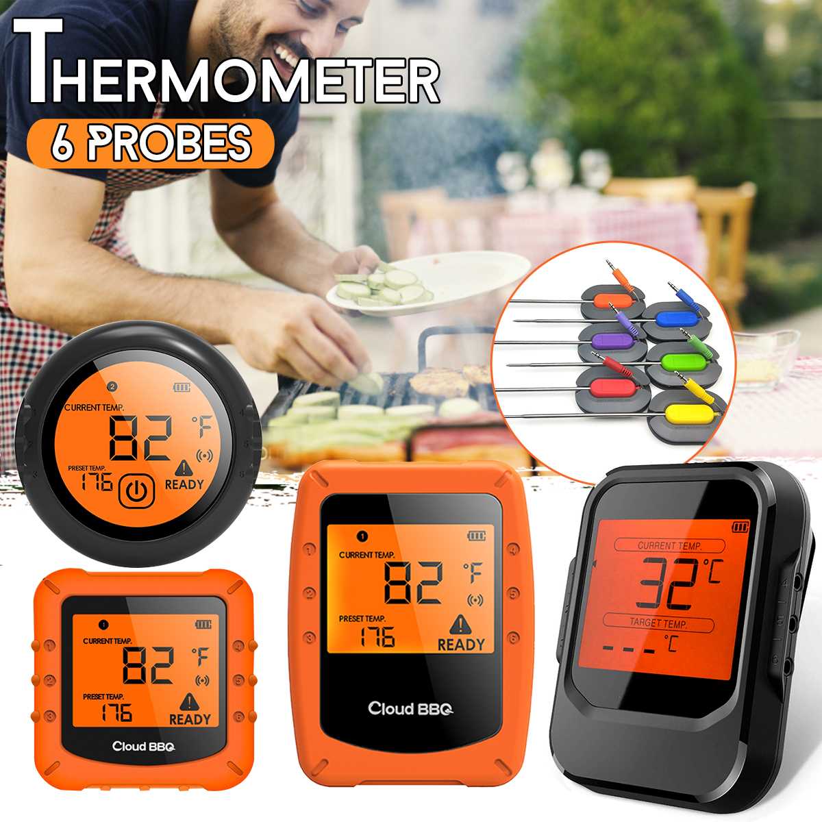 Digitale Draadloze bluetooth 4.0 BBQ Thermometer Met 6 Probes bluetooth Controle Voedsel Koken Timer Oven Vlees Grill Keuken Tool