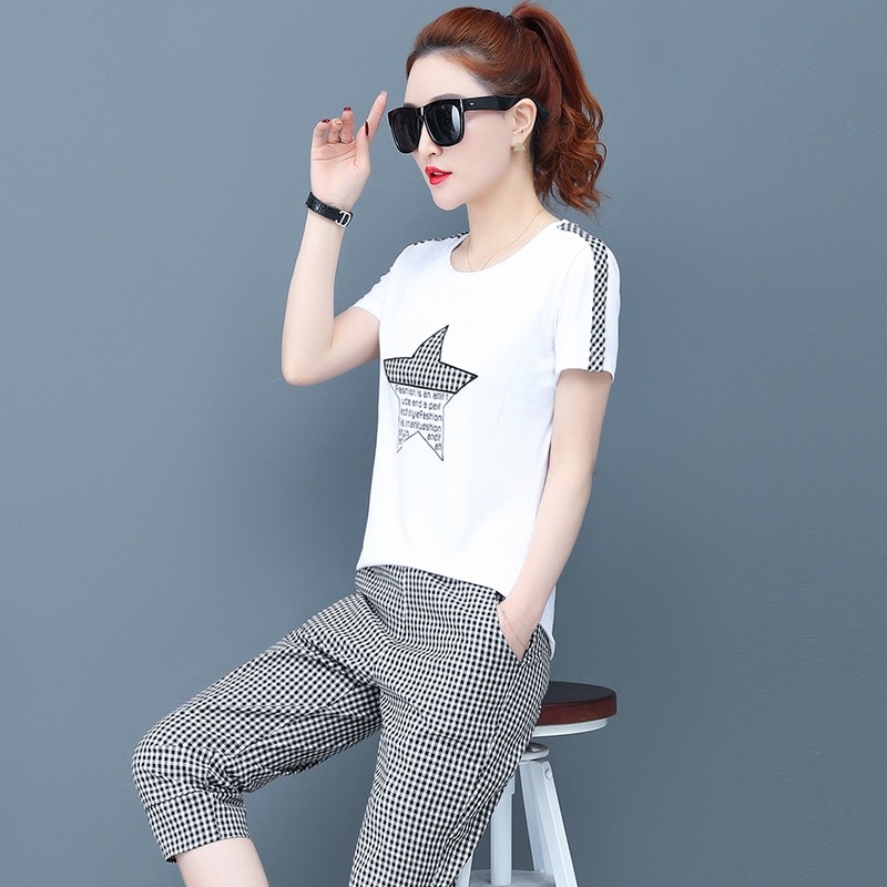 Summer Casual Tracksuit Pant Sets 2 Piece Set Women Short Sleeve T-shirt And Plaid Pants Suits