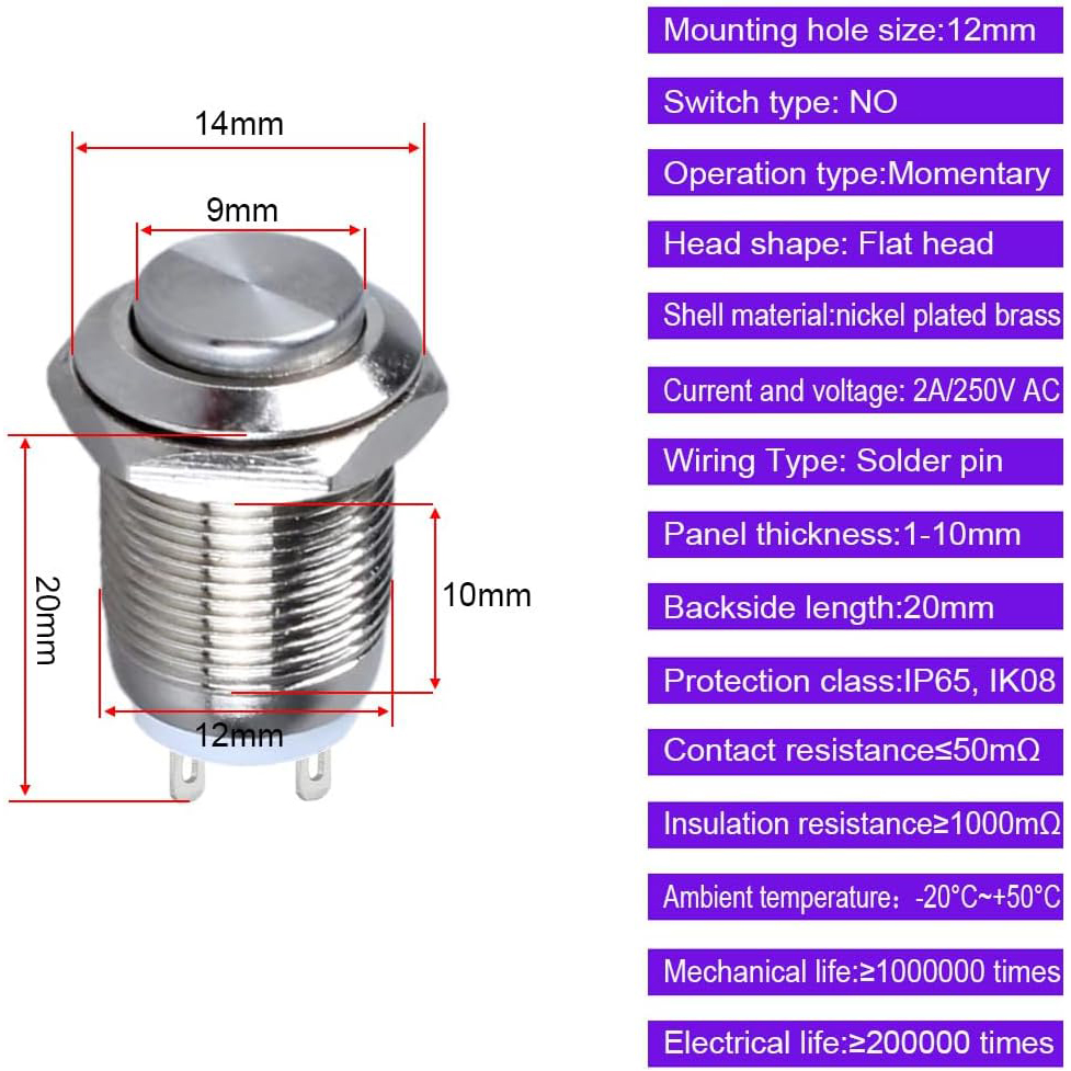 6 Stück 12 mm Momentan-Drucktastenschalter, 12 V, wasserdicht, Energie-Drucktaster, klein, rund, verchromt, rostfrei, Metall, 2-polig, N/O