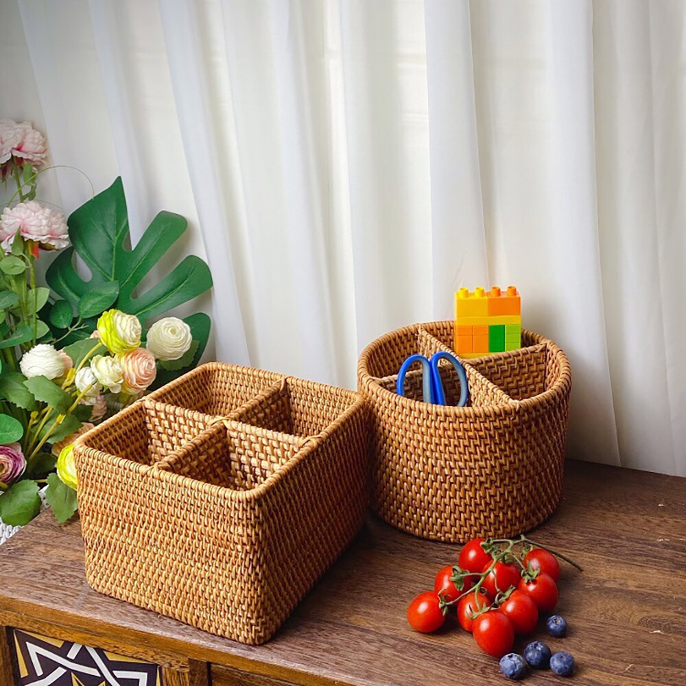 Hand-Woven Rattan Wicker Basket Desktop Storage Basket 4 Compartment Storage Boxes Storage Boxes Household Supplies