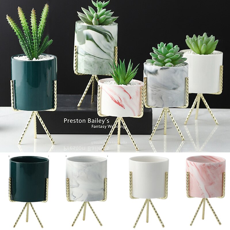1 stuk scandinavische stijl marmeren keramiek ijzeren kunst vaas bloempot met ijzeren houder tafelblad huis bruiloft woonkamer decoratie