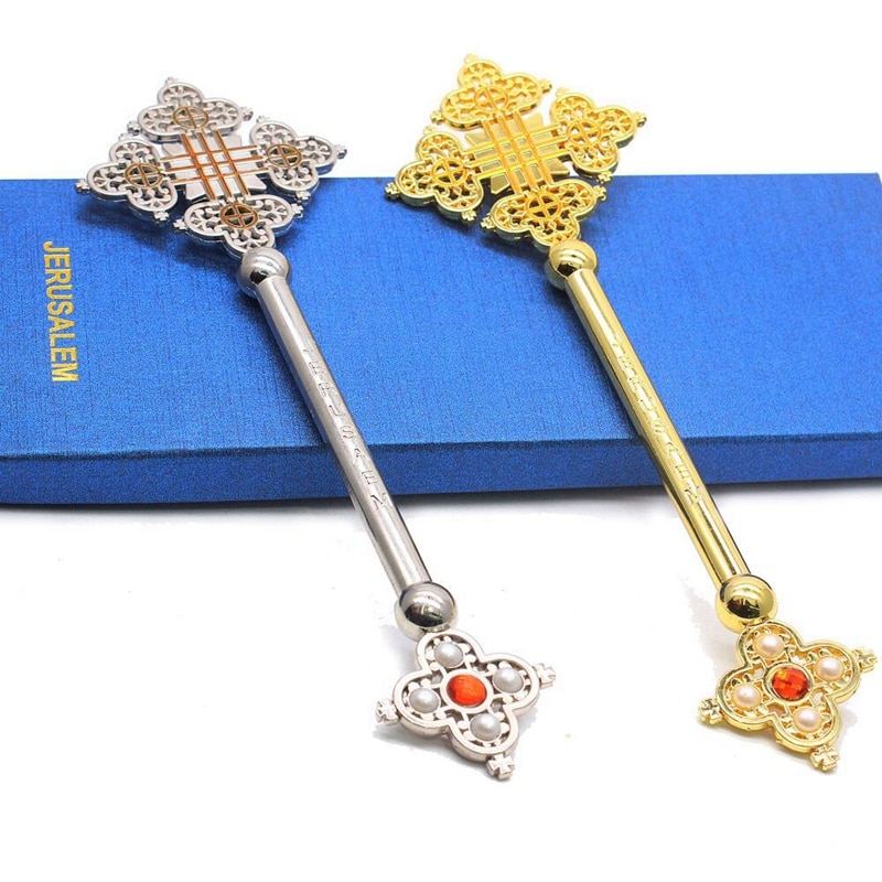 Metalen Hand Zegen Cross met Kruisiging Geëmailleerd Vergulde Byzantijnse EEN met Stenen religieuze orthodoxe JERUSAEM icoon