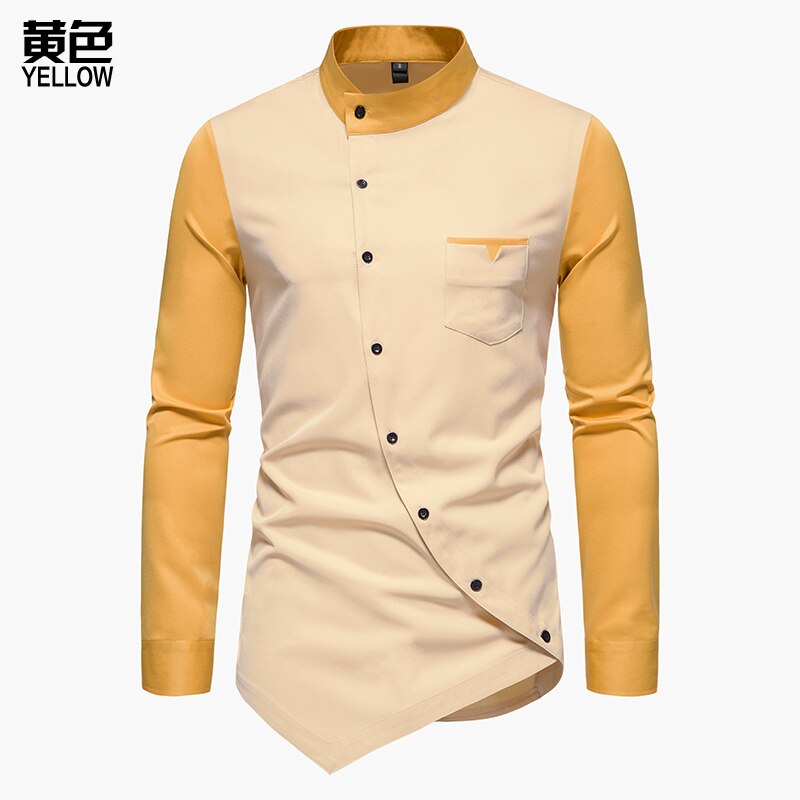 Men Shirt Long Sleeve Personality Diagonal Button Shirts for Men Luxury Irregular Henry Collar Top Grade Tops: XXL / Brown