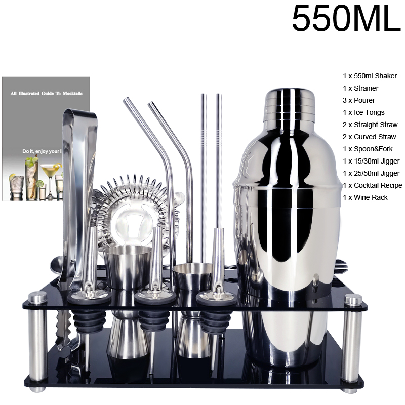Set de coctelera Boston Snow para barman, utensilios de acero inoxidable para Bar con soporte de vino, receta de cóctel, 1-15 Uds./Se: BI15P 550MLRACK