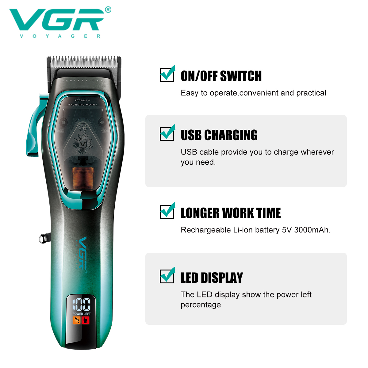 Vgr hårklipper hårtrimmer 9000 o/min hårklippemaskin justerbar barber hårklipp led trimmer for menn v -674