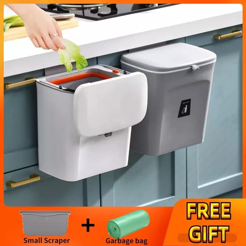 7/9L Hanging Trash Can For Kitchen Large Capacity Kitchen Recycling Garbage Basket Bathroom Wall Mounted Trash Bin With Lid