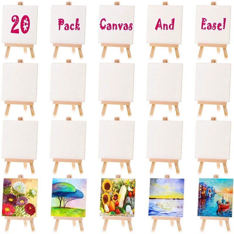 20Pcs Mini Canvas Drawing Board with Easel, Painting Canvas Panel, Suitable for Art Painting Party Supplies