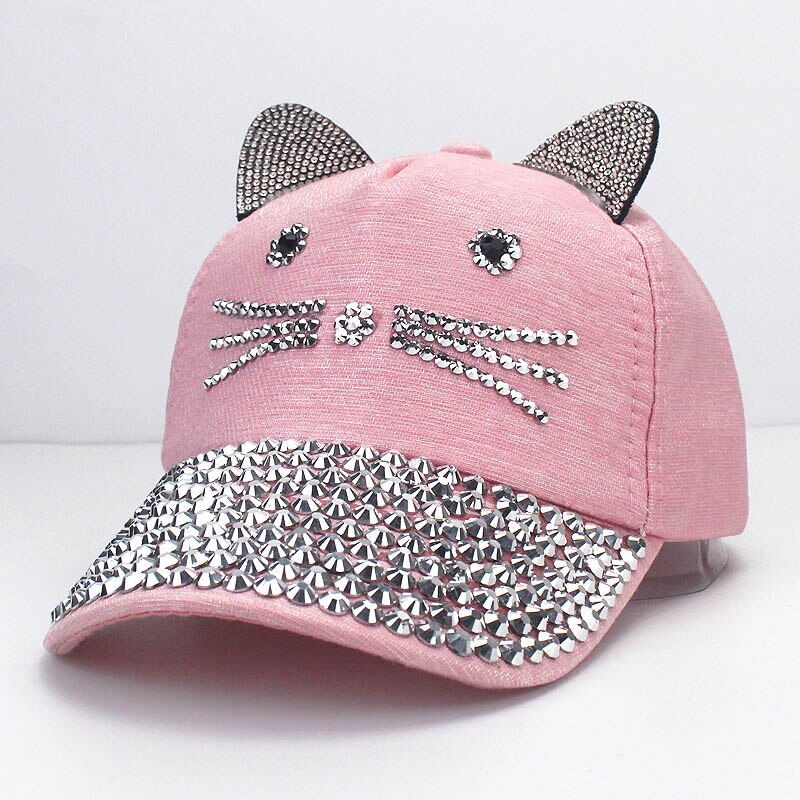 Gorra de béisbol ajustable con orejas de gato para niños, gorro con diamantes de imitación, perlas, ajustable, para primavera y verano: F