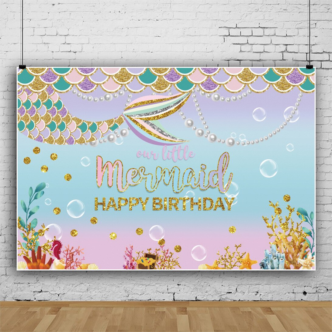 Vinyl Mermaid Backdrop Photography Background For Under The Sea Theme Birthday Party Decorations Kids Favors Supplies: D