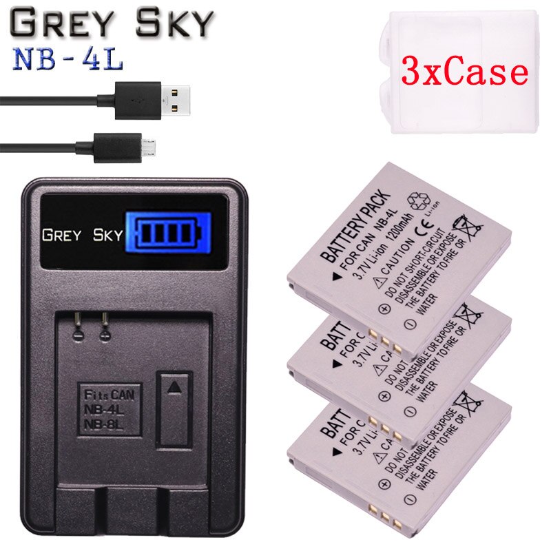 bateria NB-4L NB 4L NB4L battery pack + LCD USB Charger for Canon IXUS 60 65 80 75 100 I20 110 115 120 130 IS 117 220 225 camera: Charger and 3battery