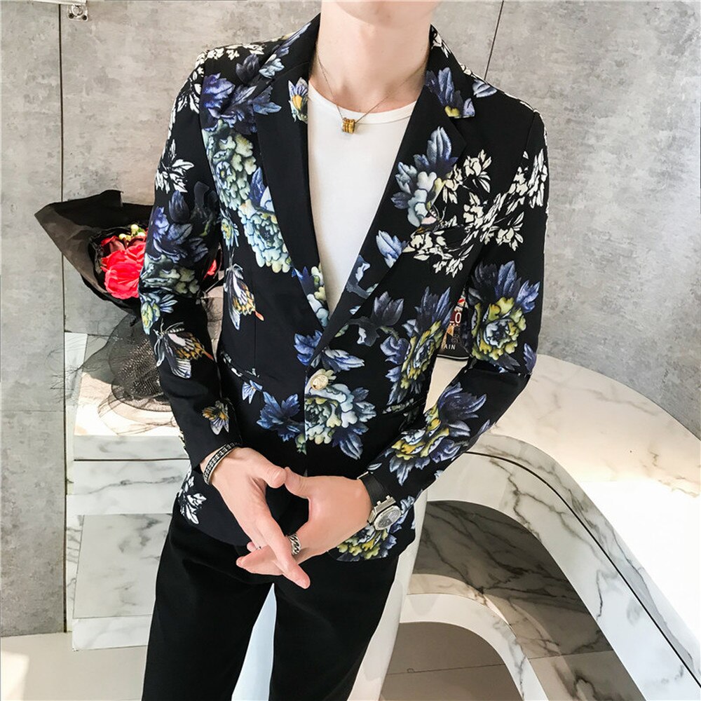 Spring Mens Slim Fit Suit Blazer Flower Print Simple Temperament British Style Social Business Casual Suit Jacket