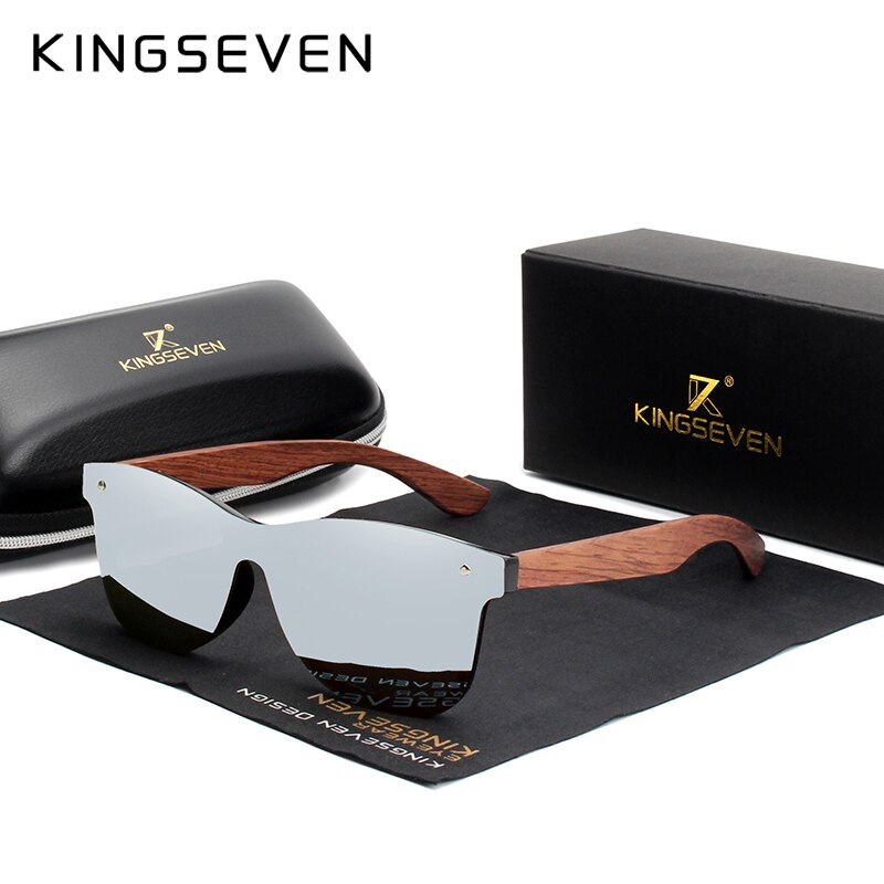Kingseven óculos de sol de madeira natural masculino vintage clássico polarizado moda feminina elegante artesanal óculos de sol de madeira condução para homem: Prateado