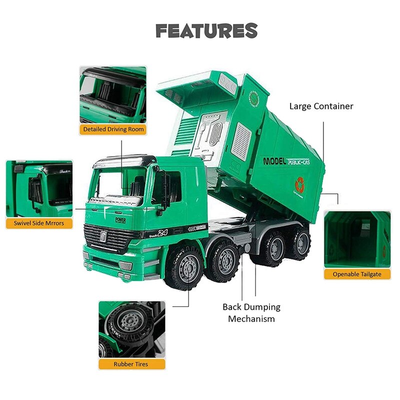 14 Inch Friction Powered Garbage Truck Toy,with 3 Trash Cans,No Battery Required,A Great for Children