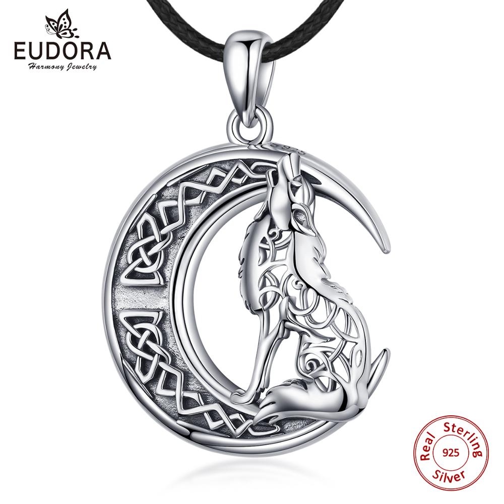 Eudora – collier loup sur la lune en argent Sterling 925, symbole d&#39;odin de Valknut, colliers pour hommes et femmes, CYD554