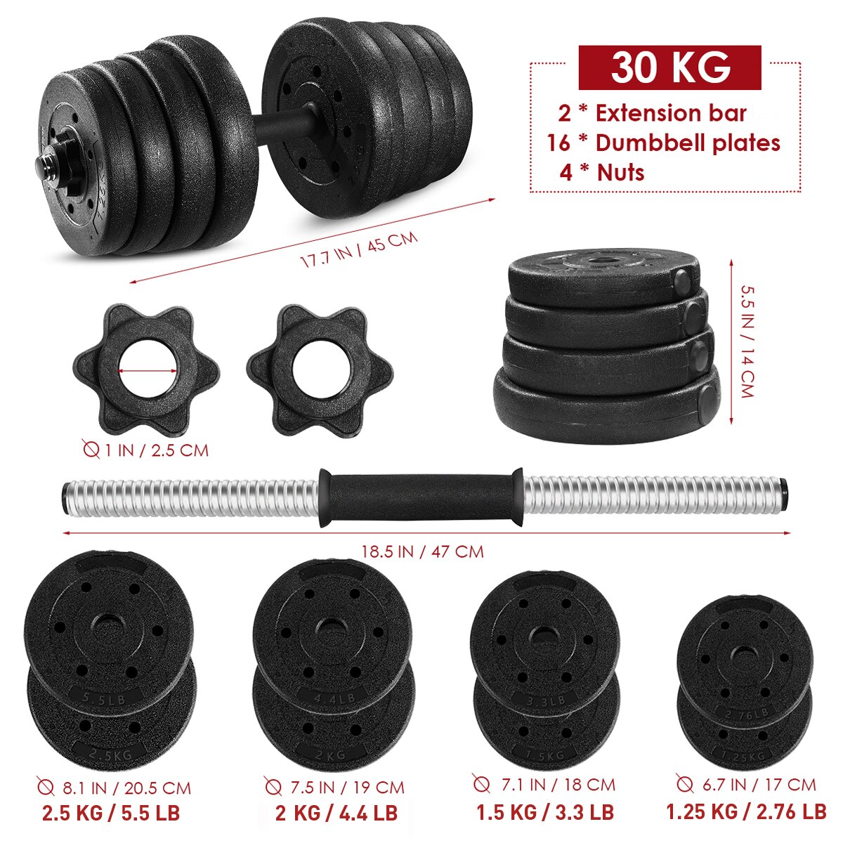 30Kg Halter Gewicht Set Met 16 Halter Platen 2 Uitbreiding Bars 4 Noten Verstelbare Fitness Halter Set Gym Training gereedschap