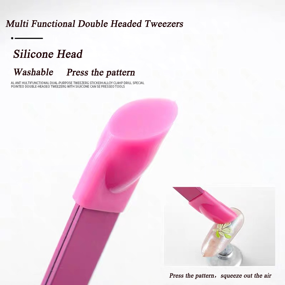 Pinzas de doble cabeza negras/rosas, herramienta de maquillaje de punta inclinada de acero inoxidable, cabezal de prensa de silicona para pegatinas de uñas, pinzas para pestañas