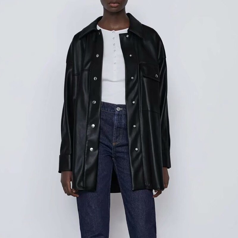 Spring Autumn PU Women Leather Jacket Thin Shirt Coat Streetwear Black Female Jacket Esthetic Gothic Vintage Outfit: S