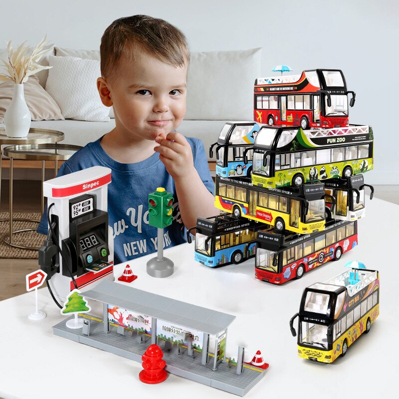 Children&#39;s toy simulation alloy car model double-decker bus bus boy toy sound and light can open the door car decoration