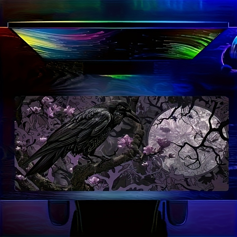 Gotische Raven Moonlight muismat - paars bloemen- en zwart takkenontwerp, gestikte randen | Essentiële kantoor- en gamingartikelen