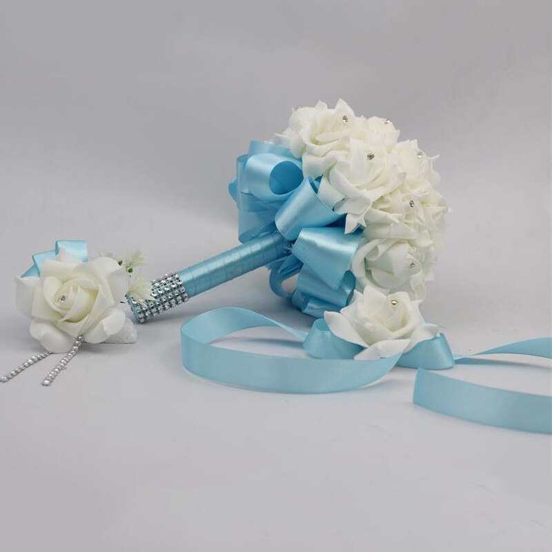 3 stks/set Bridal Bruidsmeisje Kunstbloemen houder Bruidsboeket Boutonniere Pols Corsage Set Thuis Party Bruid Accessoires: Sky Blue