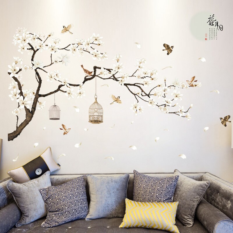 Pegatinas de pared de estilo chino para niños, papel tapiz de árbol con autosellado de flores y pájaros, vinilo decorativo para pared de dormitorio, 187X128cm