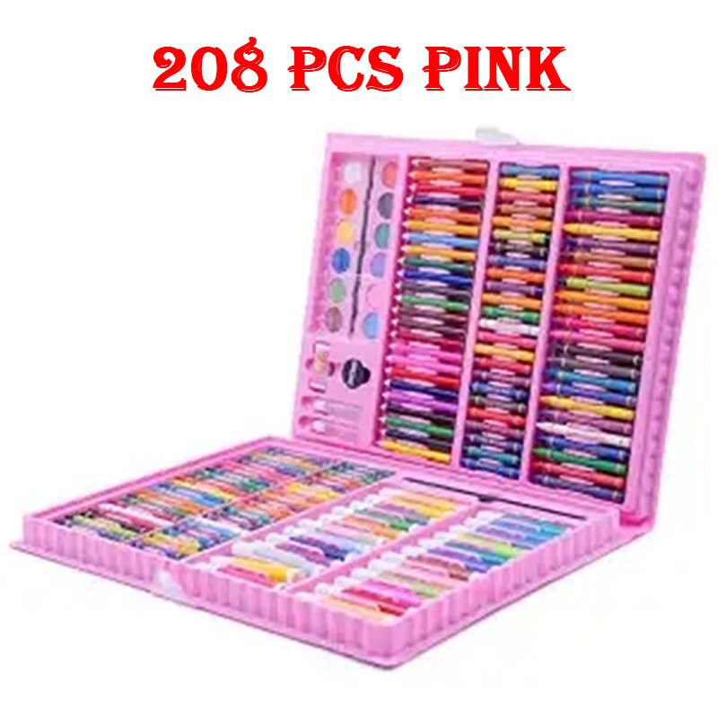 42-208Pcs Kids Draw Set Colored Pencil Crayon Watercolor Pens with Drawing Board Educational Toys Water Painting Art: 208 pcs Pink